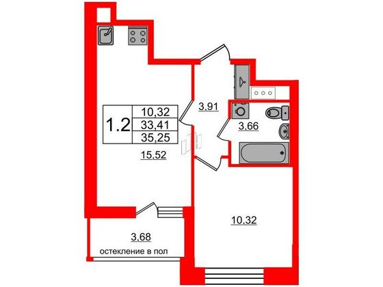 Продажа 1-комнатной квартиры 33,4 м², 9/9 этаж