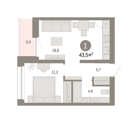 Продажа 1-комнатной квартиры 43,5 м², 5/9 этаж
