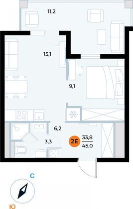 45 м², 1-комн. квартира, 3/6 этаж