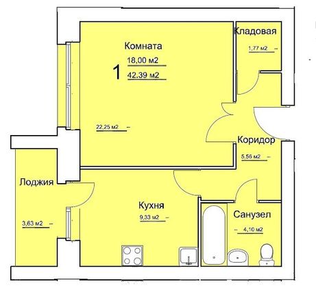 42,4 м², 1-комн. квартира, 2/3 этаж