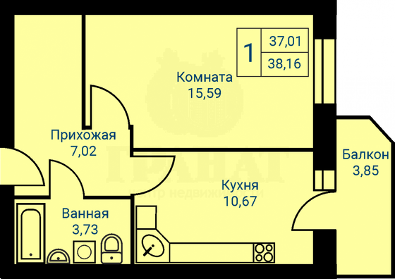 Продажа 1-комнатной квартиры 38,2 м², 3/9 этаж