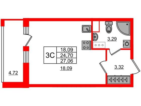 Продажа квартиры-студии 24,7 м², 16/17 этаж