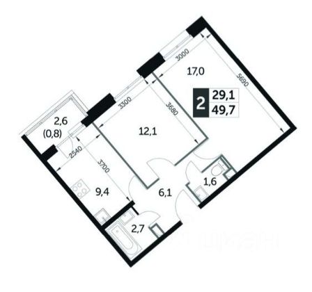 Продажа 2-комнатной квартиры 49,7 м², 2/17 этаж