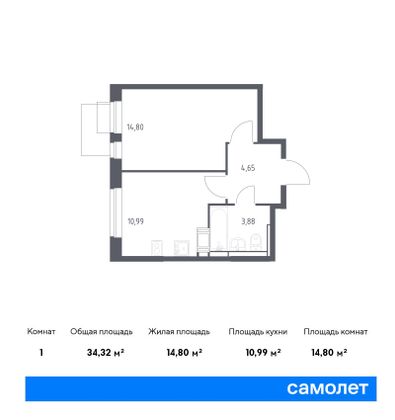 34,3 м², 1-комн. квартира, 9/12 этаж