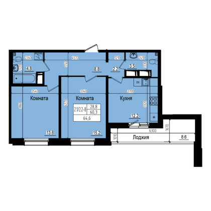 64,6 м², 2-комн. квартира, 22/23 этаж