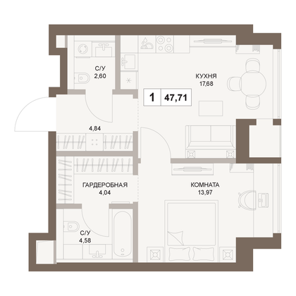 47,7 м², 1-комн. квартира, 32/75 этаж