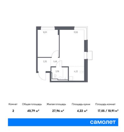 40,8 м², 1-комн. квартира, 2/12 этаж