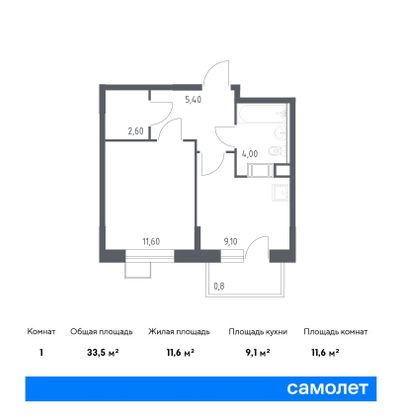 33,5 м², 1-комн. квартира, 14/16 этаж