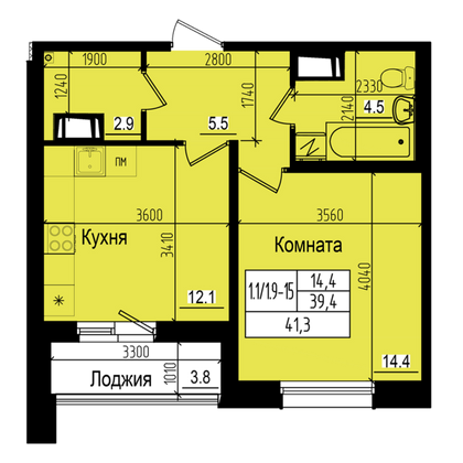 41,3 м², 1-комн. квартира, 22/23 этаж