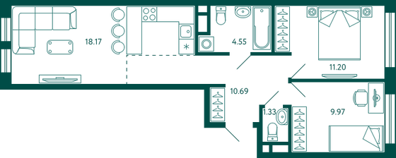 55,9 м², 2-комн. квартира, 4/16 этаж