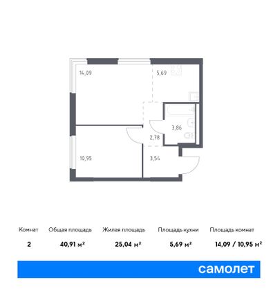 40,9 м², 1-комн. квартира, 13/17 этаж