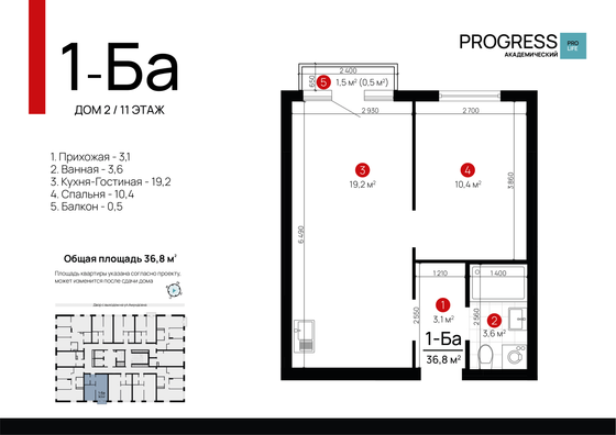 Продажа 1-комнатной квартиры 36,7 м², 11/18 этаж