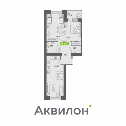 62,1 м², 2-комн. квартира, 11/11 этаж