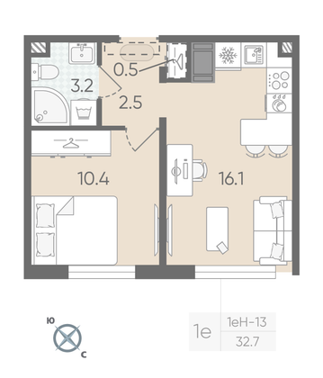 Продажа 1-комнатной квартиры 32,7 м², 4/22 этаж