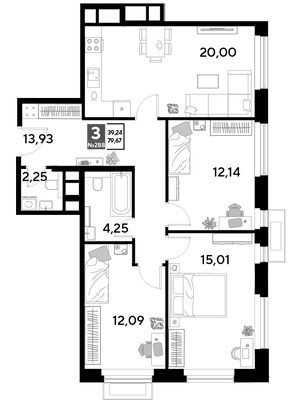 Продажа 3-комнатной квартиры 79,7 м², 25/25 этаж
