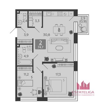 Продажа 2-комнатной квартиры 74,7 м², 3/28 этаж