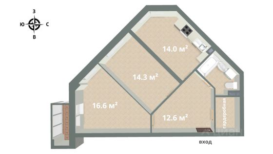 Продажа 2-комнатной квартиры 66,3 м², 10/16 этаж