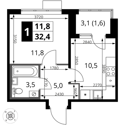 32,4 м², 1-комн. квартира, 3/16 этаж