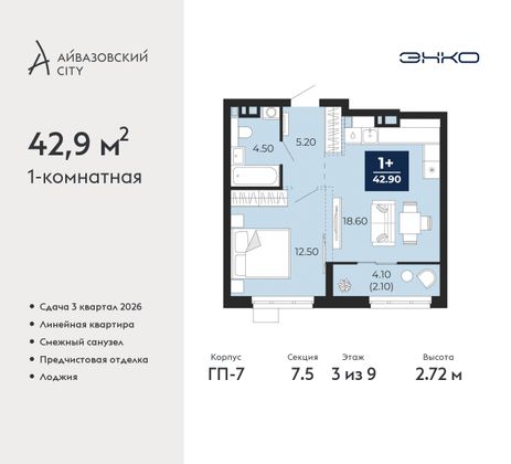 42,9 м², 1-комн. квартира, 3/9 этаж