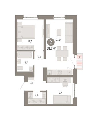 58,7 м², 2-комн. квартира, 12/16 этаж