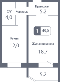 48,4 м², 1-комн. квартира, 13/17 этаж