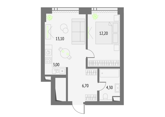 39,3 м², 1-комн. квартира, 43/55 этаж