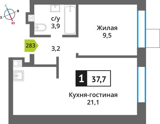 Продажа 1-комнатной квартиры 37,7 м², 6/6 этаж