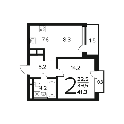 41,3 м², 2-комн. квартира, 7/9 этаж