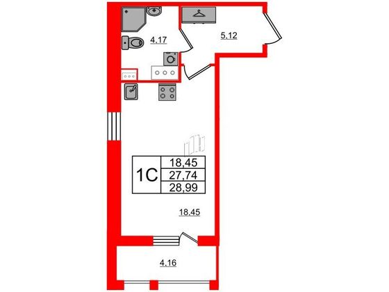 Продажа квартиры-студии 27,7 м², 9/12 этаж