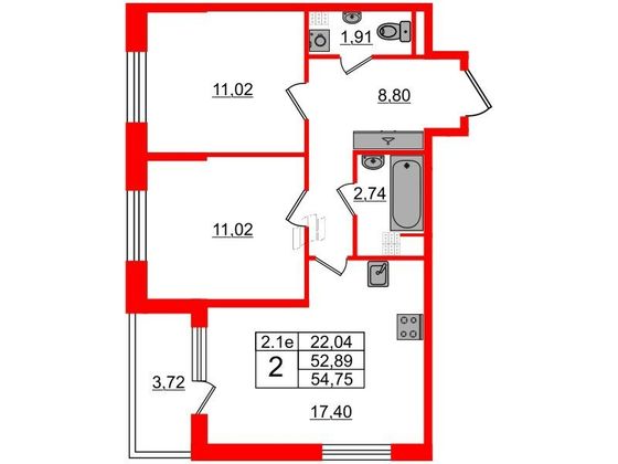 Продажа 2-комнатной квартиры 52,9 м², 4/5 этаж