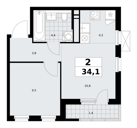 34,1 м², 2-комн. квартира, 13/16 этаж