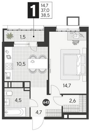 Продажа 1-комнатной квартиры 38,5 м², 4/21 этаж