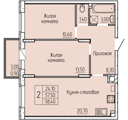 59 м², 2-комн. квартира, 3/4 этаж