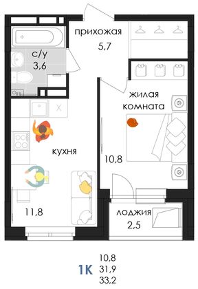 33,2 м², 1-комн. квартира, 8/9 этаж