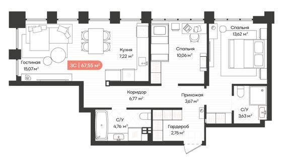 67,8 м², 3-комн. квартира, 16/20 этаж