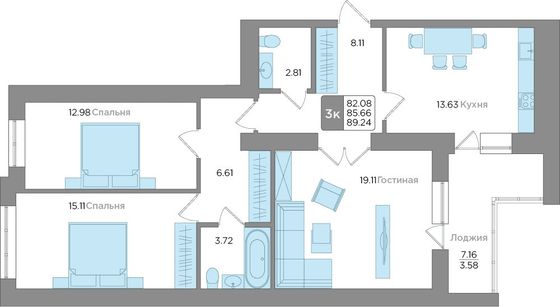 Продажа 3-комнатной квартиры 86 м², 2/9 этаж