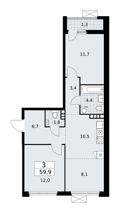 59,9 м², 3-комн. квартира, 9/18 этаж