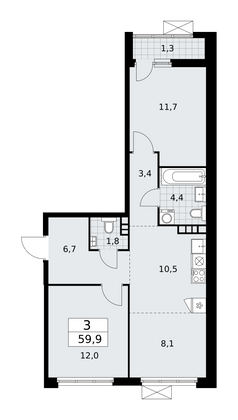 59,9 м², 3-комн. квартира, 8/18 этаж