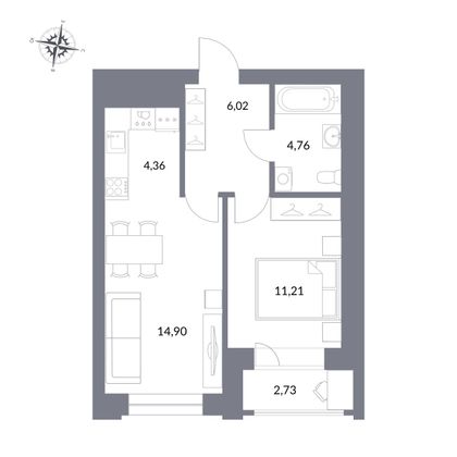 41,3 м², 2-комн. квартира, 19/27 этаж