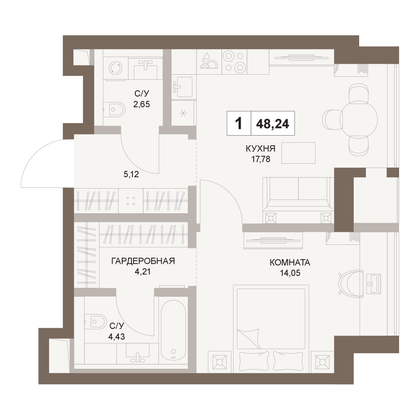 48,2 м², 1-комн. квартира, 58/75 этаж