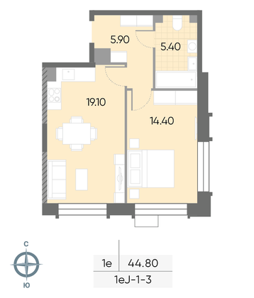 44,8 м², 1-комн. квартира, 3/30 этаж