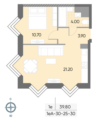 Продажа 1-комнатной квартиры 39,8 м², 27/30 этаж