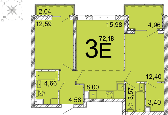 68 м², 3-комн. квартира, 28 этаж