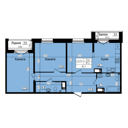 84,1 м², 2-комн. квартира, 17/23 этаж