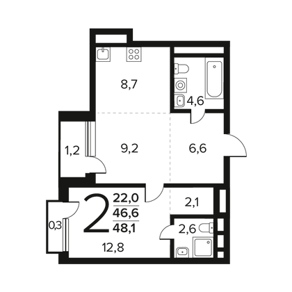 48,1 м², 2-комн. квартира, 9/12 этаж