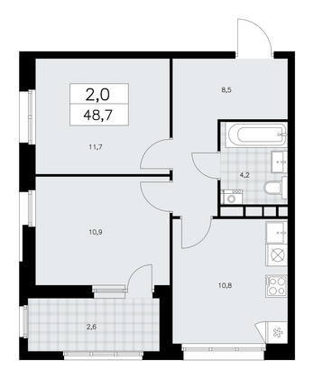 48,7 м², своб. планировка, 23/24 этаж