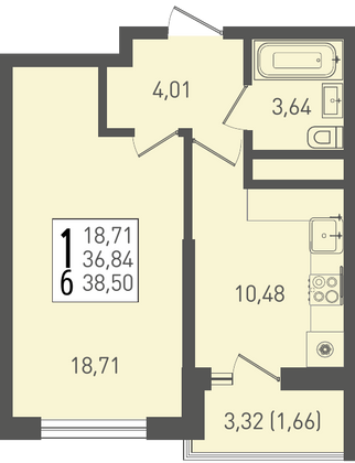 38,5 м², 1-комн. квартира, 14/22 этаж