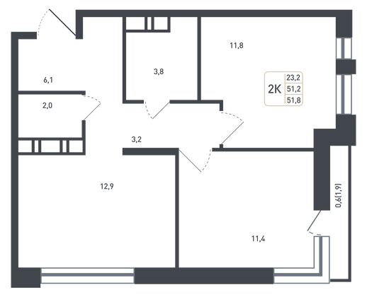 51,2 м², 2-комн. квартира, 6/8 этаж