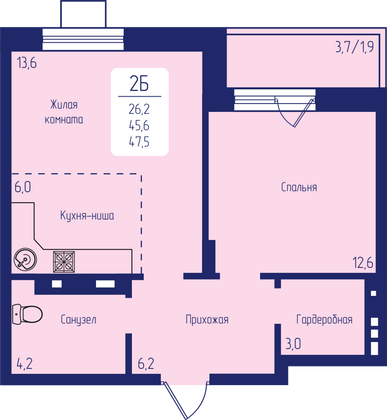 47,5 м², 2-комн. квартира, 10/12 этаж