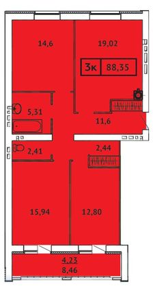 Продажа 3-комнатной квартиры 88,3 м², 8/9 этаж